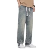 Spring new men's trendy jeans, American high street retro drawstring tight-waisted straight-leg loose wide-leg pants Item Picture